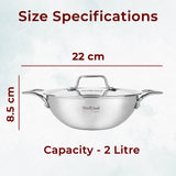 Triply Stainless Steel Kadhai With Lid 22 cm | Capacity 2 Litre