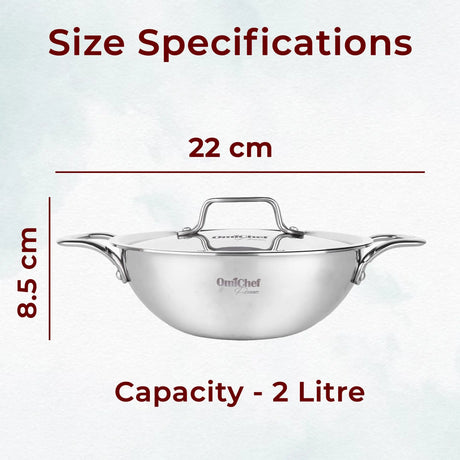 Triply Stainless Steel Kadhai With Lid 22 cm | Capacity 2 Litre OmiChef