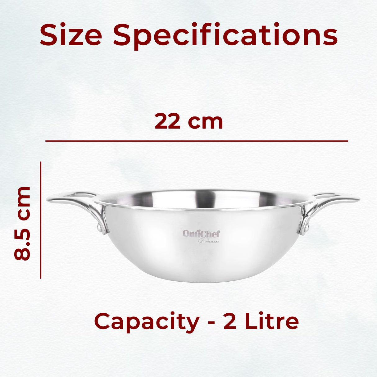 Omichef Triply Stainless Steel Kadhai 22 CM Capacity 2 Litre