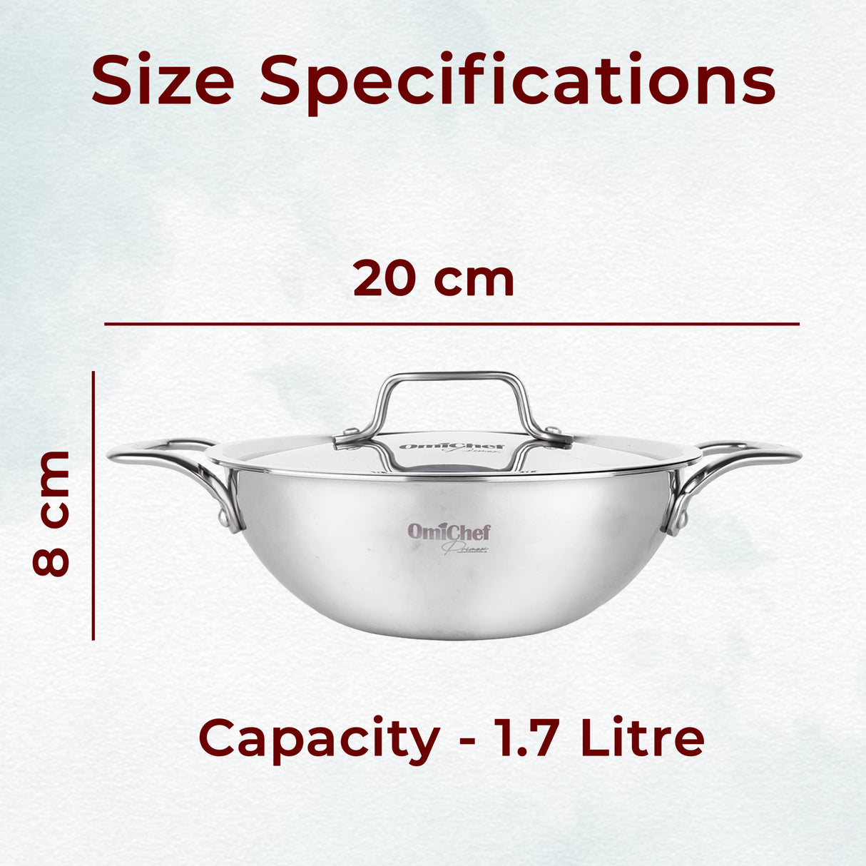 Omichef Triply Stainless Steel Kadhai With Lid 20 cm Capacity 1.7 Litre