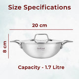 Omichef Triply Stainless Steel Kadhai With Lid 20 cm Capacity 1.7 Litre