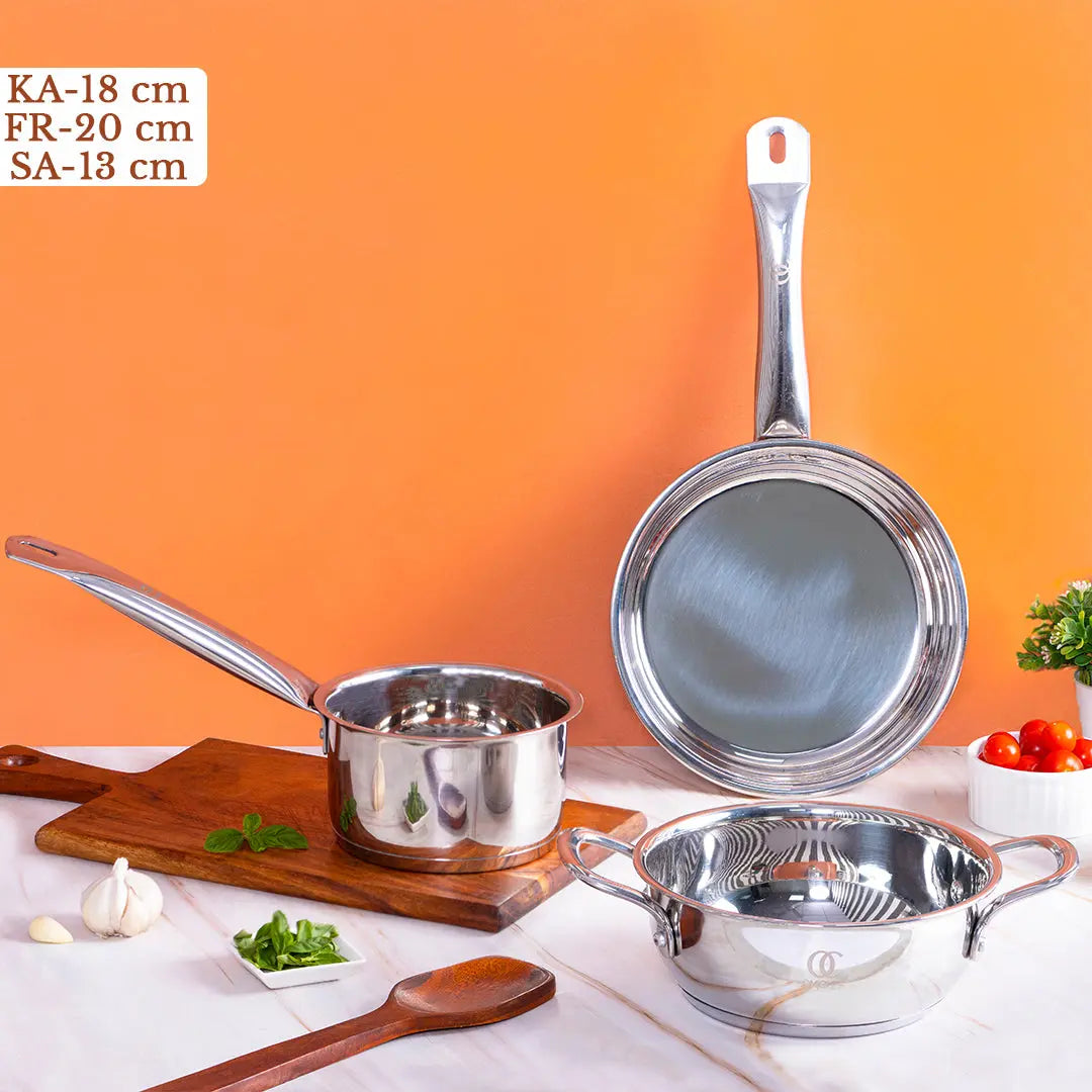 Sandwich Bottom Cookware Set Of 3 | Kadhai 18 CM, Frypan 18 CM, Saucepan 13 CM | Induction Compatible OmiChef