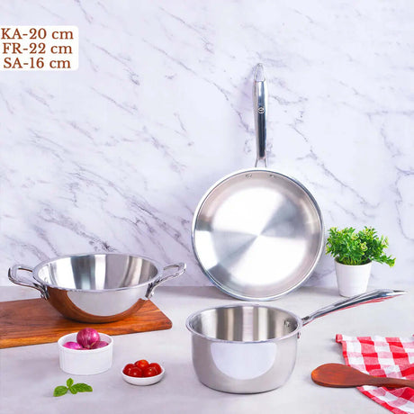 TRIMAX Triply Cookware Kadhai- Frypan - Saucepan Combo Premium Quality OmiChef