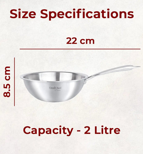 Omichef Triply Stainless Steel Wok 22 CM Capacity 2 Litre