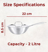 Omichef Triply Stainless Steel Wok With Lid 22 CM Capacity 2 litre